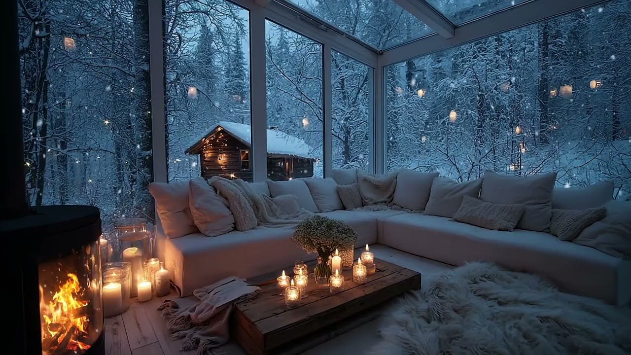 ❄️ Winter Piano Ambience | Gentle Snow & Crackling Fireplace | Relax, Focus, Study