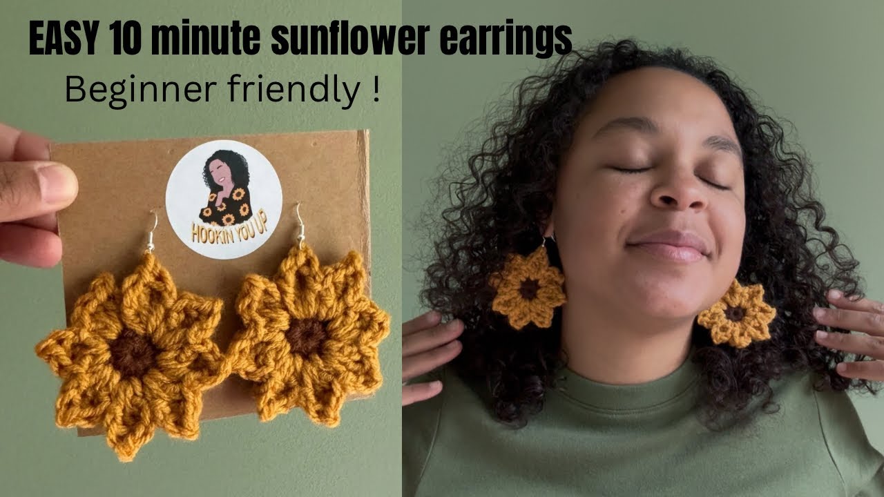 EASY 10 minute Sunflower crochet earrings- Beginner friendly | HookinYouUp #crochetforbeginners