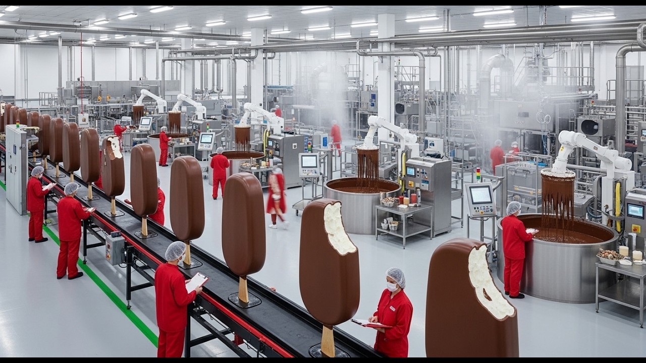 Inside the Giant Sugar Factory: Chocolate Covered Ice Cream Bars (Full Process)