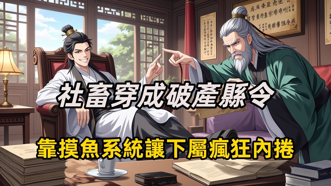 《社畜穿成破產縣令，靠摸魚系統讓下屬瘋狂內捲》陳默穿成破產縣令，只想下班。系統激活：最強摸魚。公務甩下屬，成立調解委。他只點頭：「不錯。」下屬以為終極考驗——爆肝內捲。主簿捧爛賬：「求您示下。」