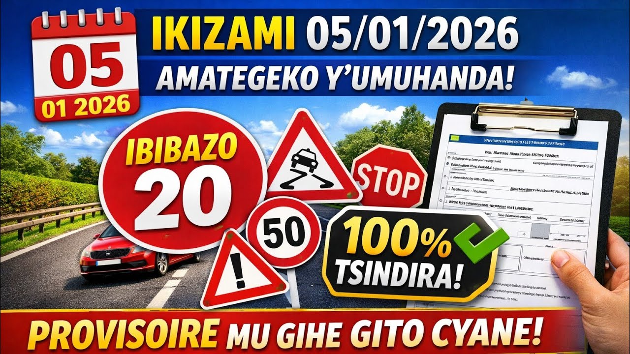 🚦 IKIZAMINI 05/01/2026 | Amategeko y’Umuhanda | Ibibazo 20 nIbisubizoTsindira Provisoire mugihe gito