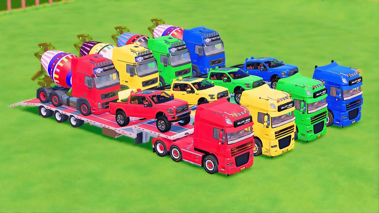 TRANSPORTING MIXER TRUCK, FORD 150, DAF, COLORFUL CARS WITH TRUCK - FS22