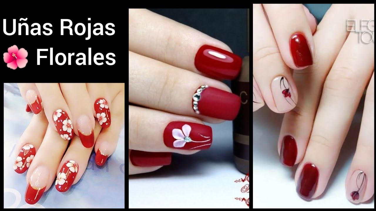 DISEÑOS DE UÑAS 💅 ROJAS 2021 DECORACIÓN CON FLORES 🌼🌺