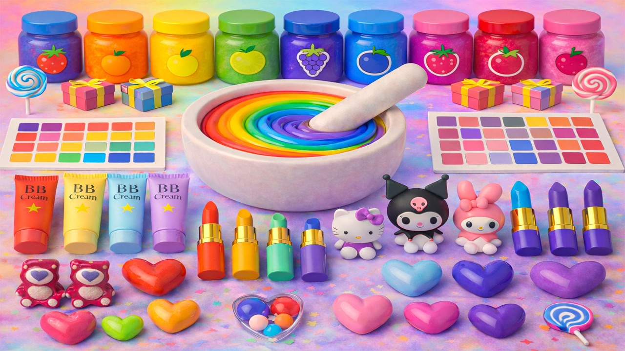 ASMR слайм видео 🌈 DIY Радужный облачный слайм с косметикой, тенями, BB-крем, конфеты и блёстками