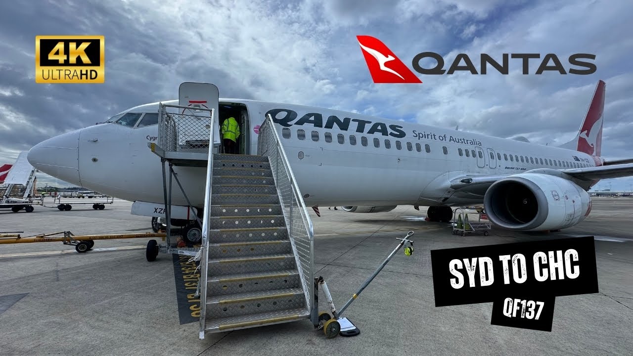 QANTAS B737-800 QF137 Business Class - Sydney to Christchurch, Upgraded, Bus Transfer To Plane (4K)
