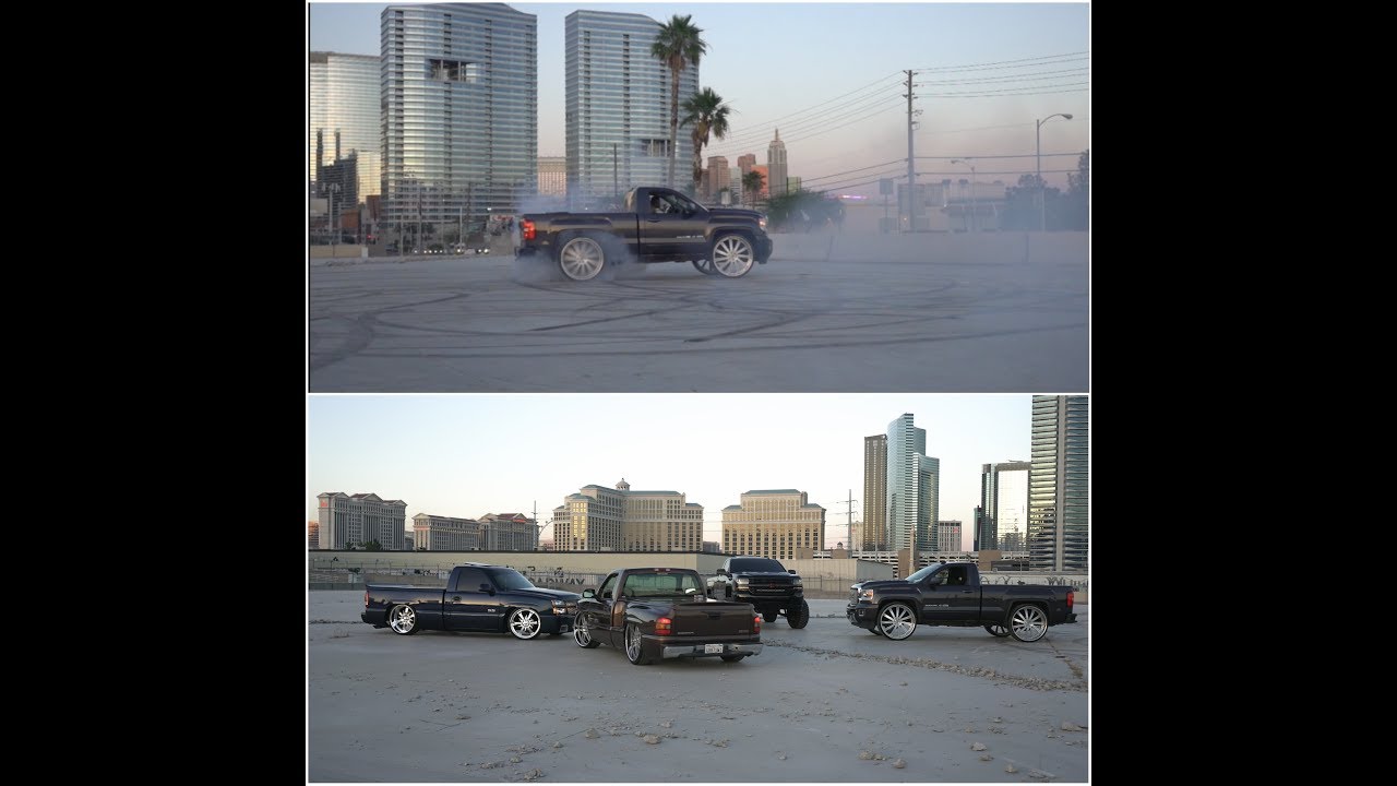 BURNOUTS in downtown Las Vegas! Cruising the strip on pro charged lifted trucks and more!