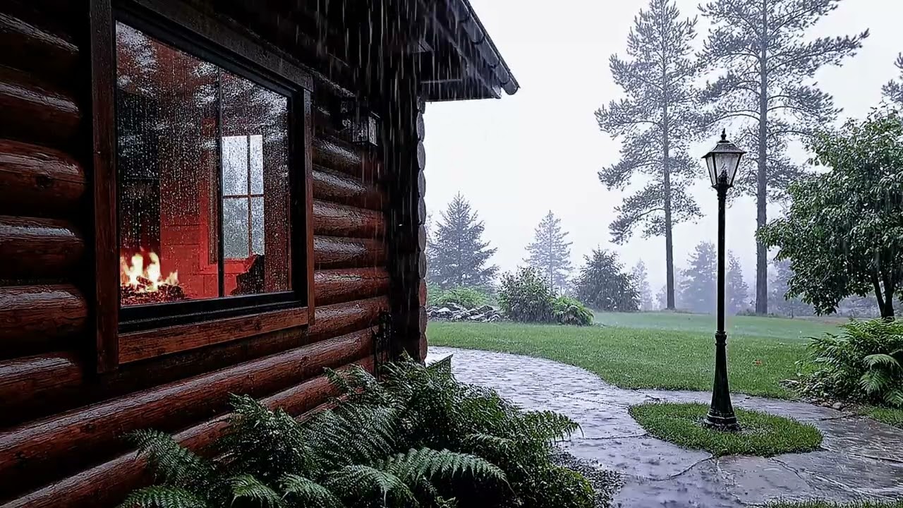 Rainy Night at a Cozy Log Cabin | Fireplace & Rain Sounds for Sleep