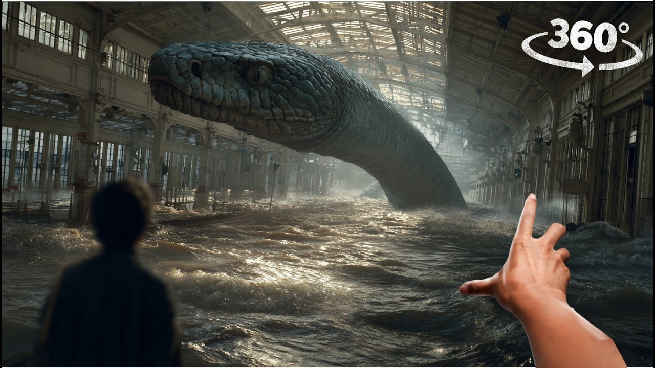 VR 360 Tsunami hits train station and giant snake titanoboa attack Virtual Reality interactive video