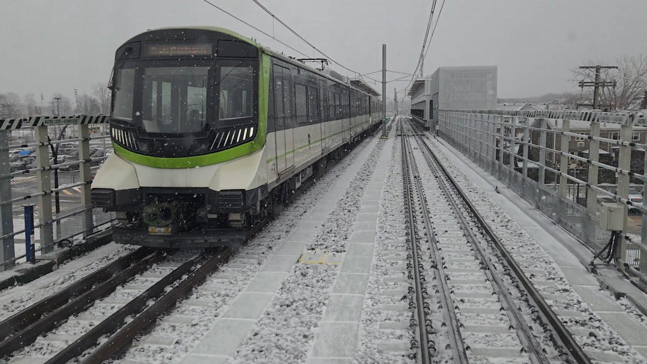 MONTREAL REM Winter Snowy Front View Ride From Roxboro Pierrefonds to Central Station 