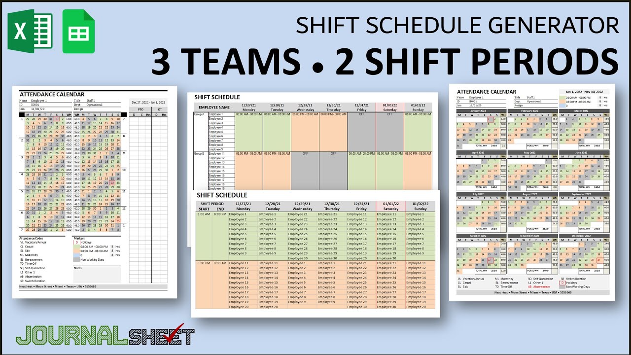 Shift Schedule Generator for Excel and Google Spreadsheet : 3 Team 2 Shift Period