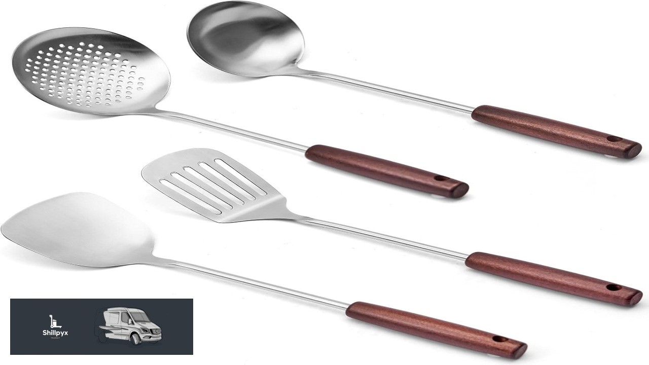 Stainless Steel Wok Utensil Set 4PCS Asian Cooking Tools with Wooden Handles
