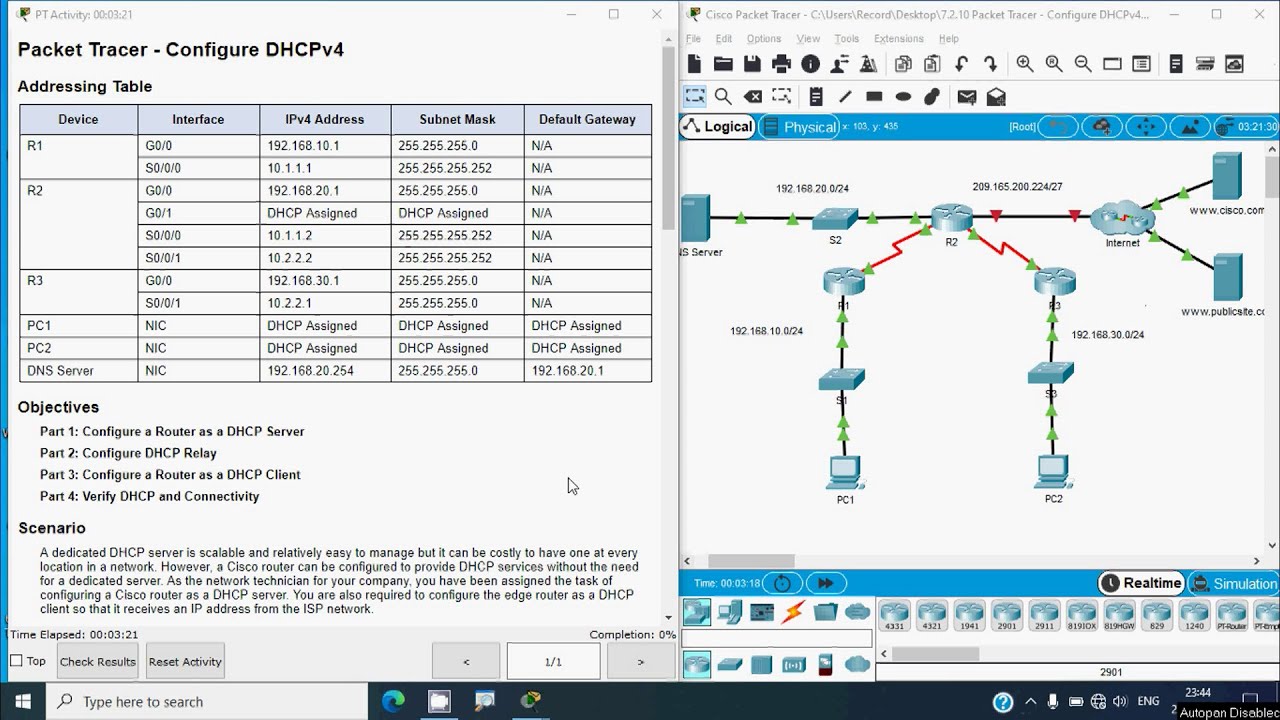 7.2.10 Packet Tracer - Configure DHCPv4