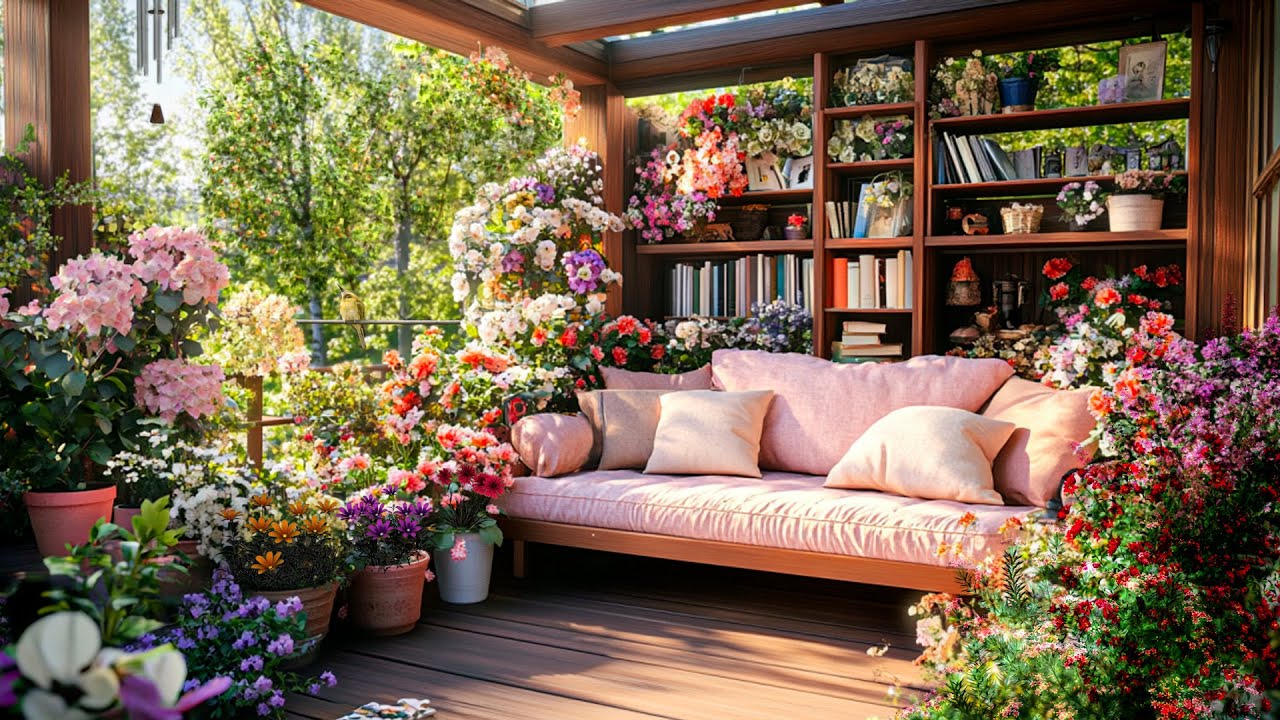 Cozy 4K Porch Space  in the Early Morning, Relax With the Sound of Birds Singing & ocean waves