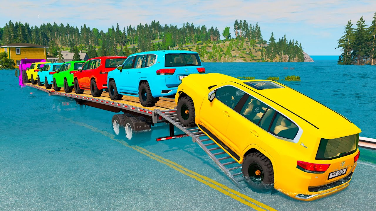 Triple Flatbed Trailer McQueen Transportation with Truck - Speedbumps vs Cars vs Train - BeamNG #247