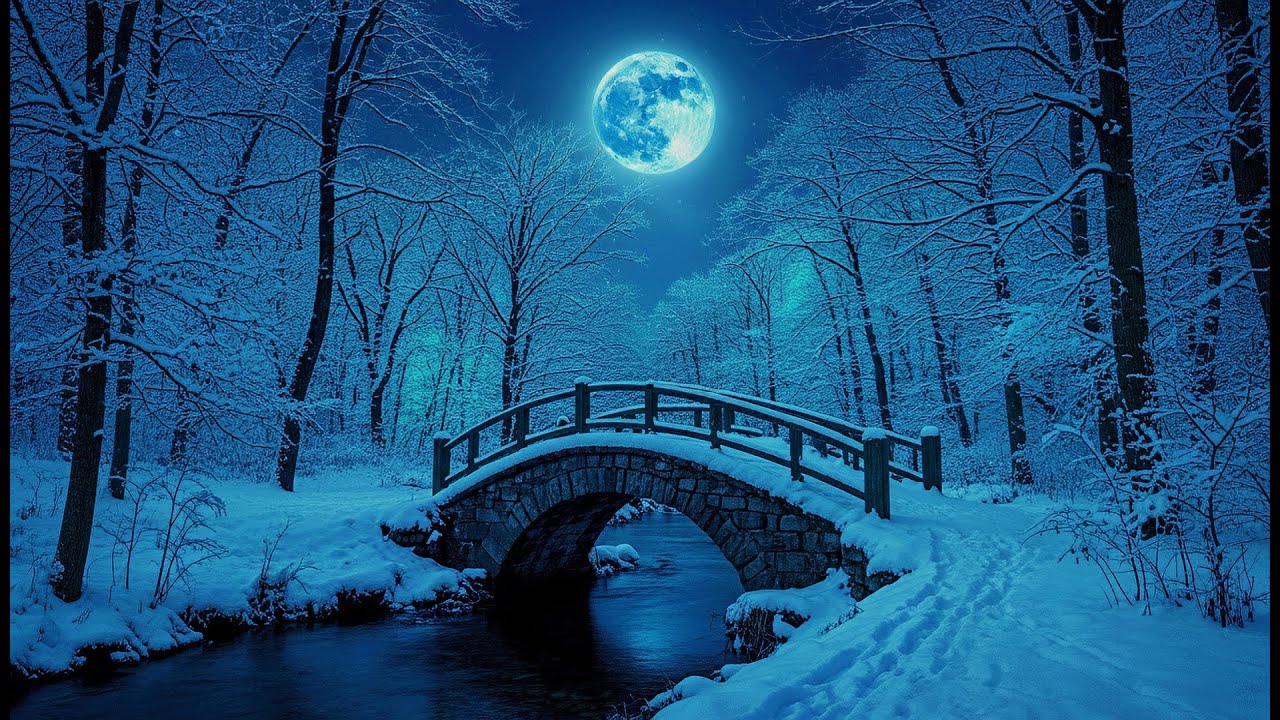 🌙 Moonlit Stone Bridge Sleep Music • 105 Min Winter Stream & Falling Snow