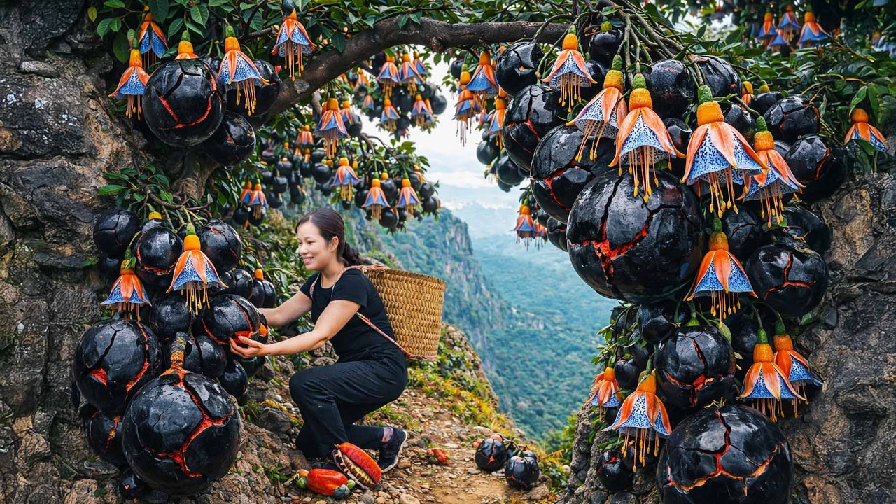 SHOCKING! Brave Girl Picks Giant Peaches from a Treacherous Cliff – A Rare and Valuable Black Fruit