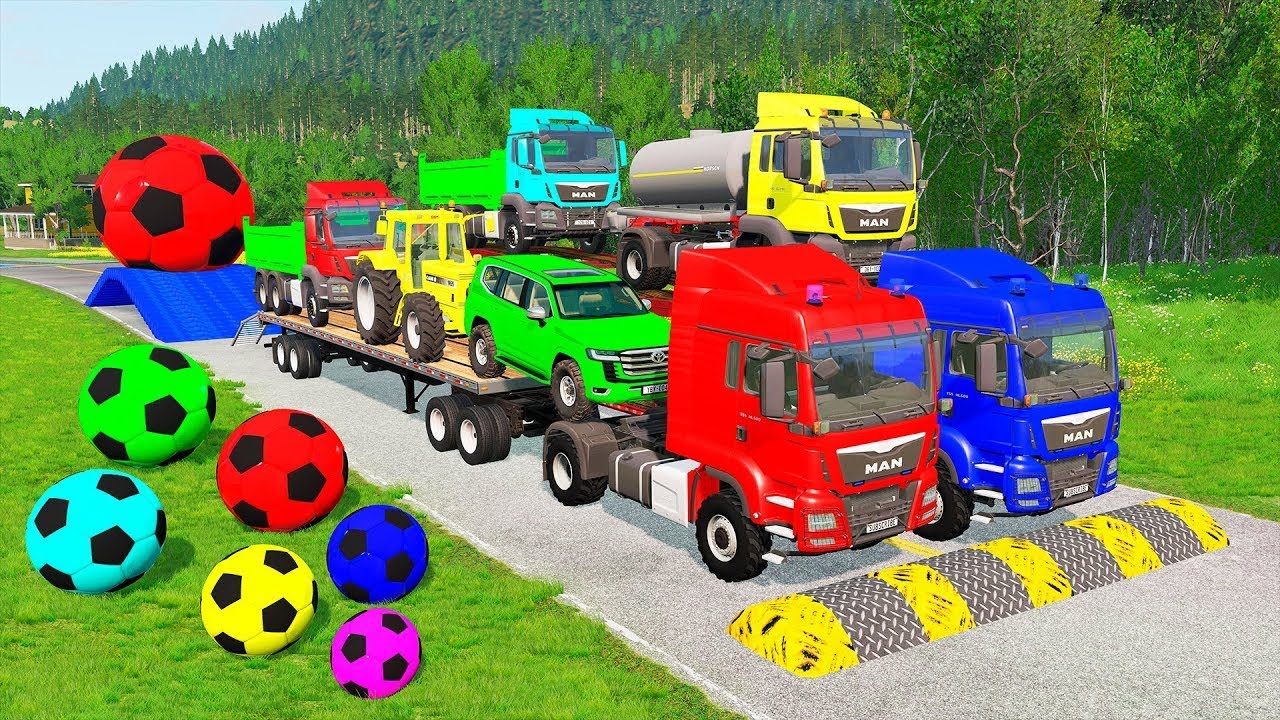 Flatbed Trailer McQueen Transportation with Truck - Speedbumps vs Cars vs Train - BeamNG.Drive #2