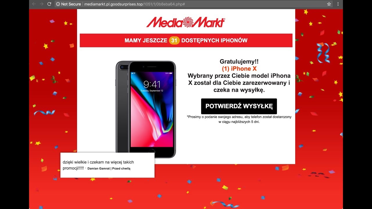 Pokaz oszustwa, czyli fałszywy SMS od MediaMarkt informujący o iPhone X czekającym na odbi&oacute;r