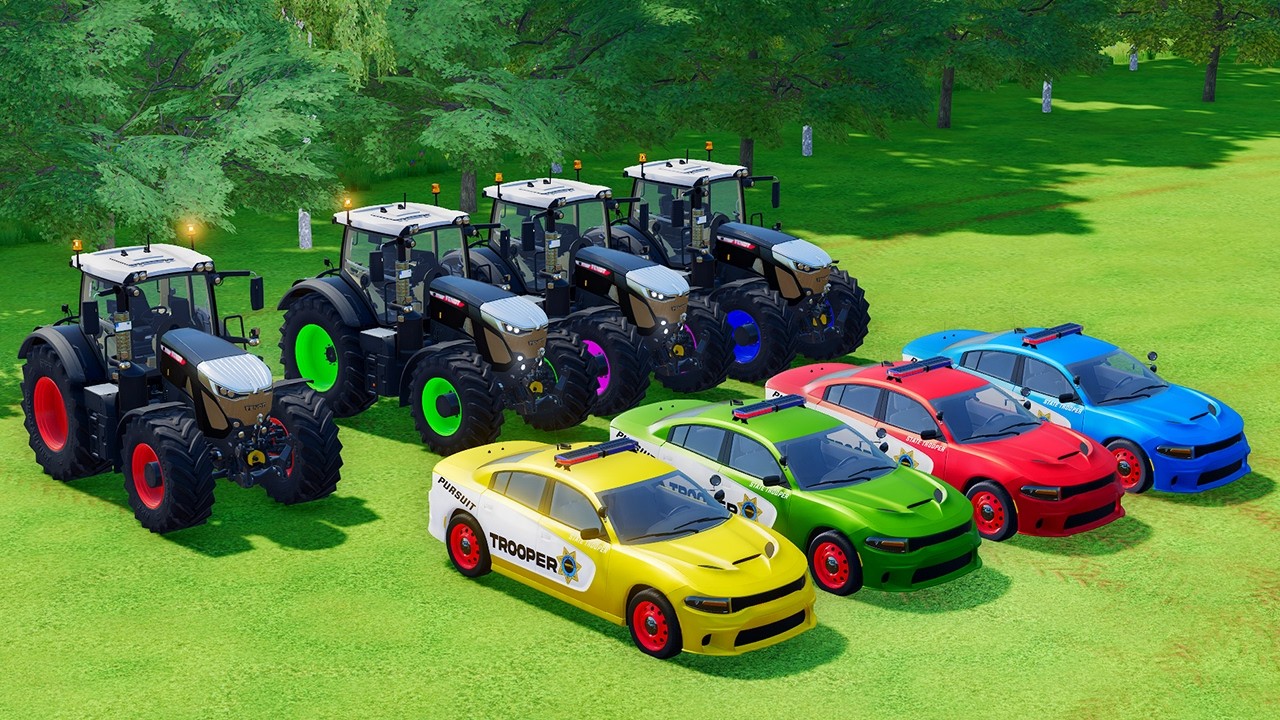 RAINBOW TRANSPORT GARAGE – POLICE CARS, COLORFUL CARS WITH TRACTOR - Farming Simulator 22