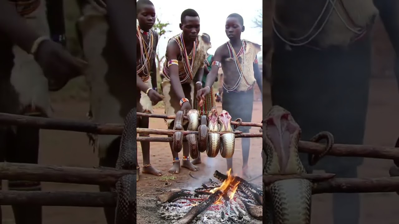 African Village Feast &ndash; Roasting a Giant Snake Over Open Fire.@FlavorHunts-ai
