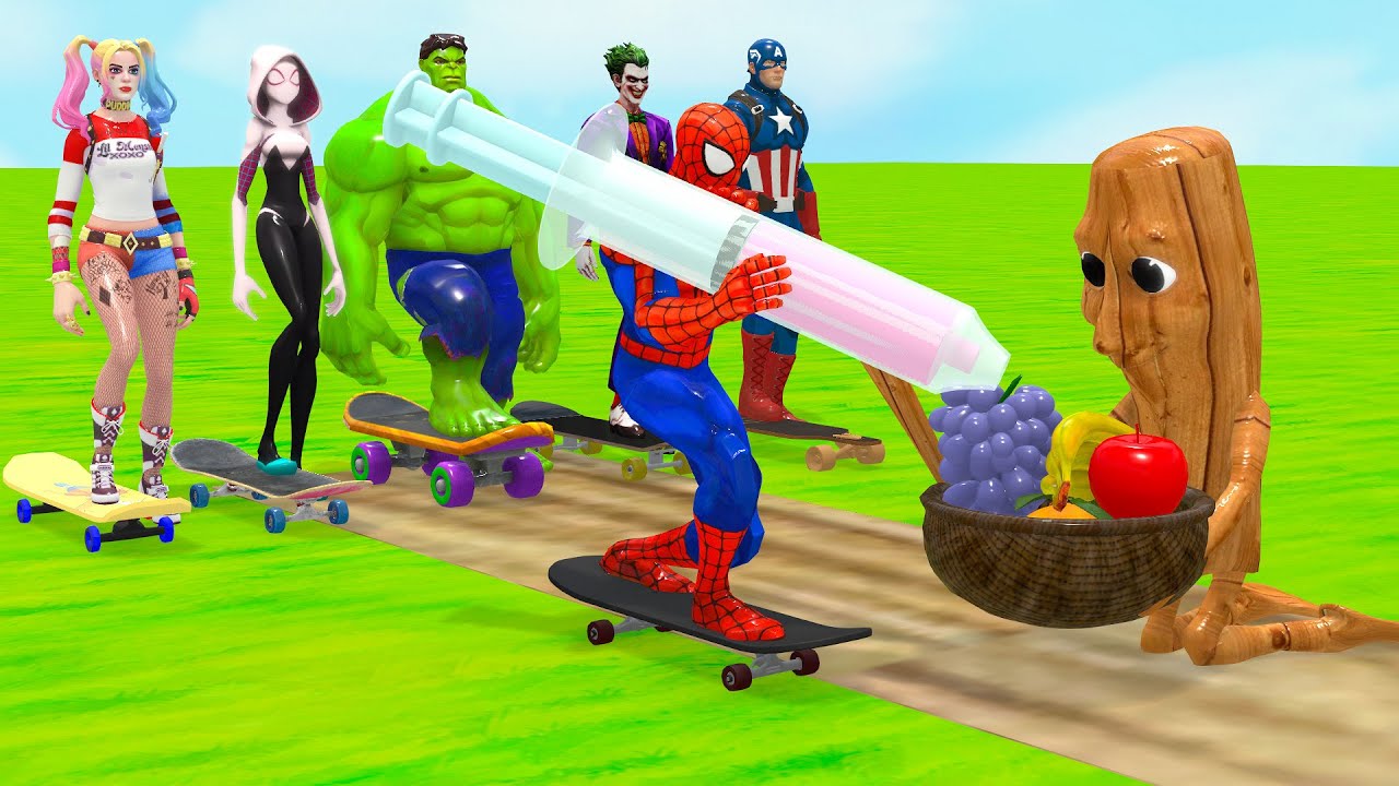 Super Hero 3D Funny Game Skateboard Fruit Challenge – Spider Man vs Wooden Man!