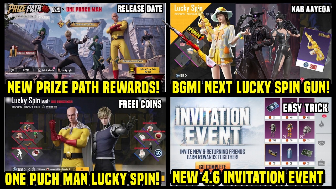 BGMI ONE PUNCH MAN PRIZE PATH DATE / BGMI NEXT LUCKY SPIN UPGRADE GUN / 4.6 NEW INVITATION EVENT