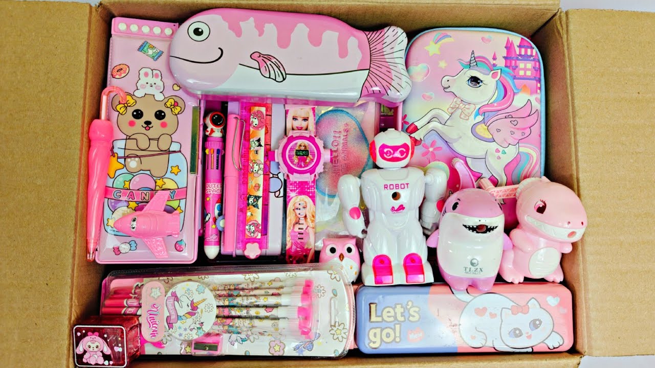 Showing Cute Pink Stationery, Pencil Box, Sharpener, Unicorn Pouch, Erasner, Pen, Notebook, Pencil