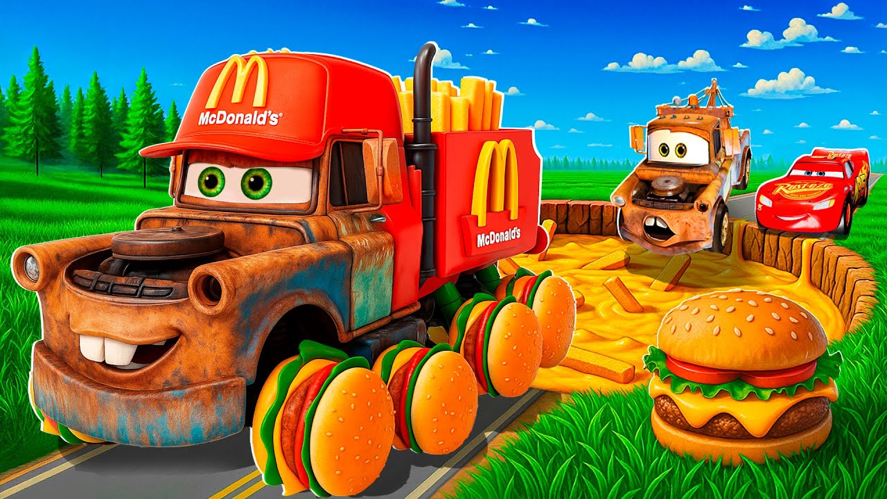 🍔 McQueen & Tow Mater & Pixar Cars Jump into the Fryer! McDonald's Pit – BeamNG Drive!🍟