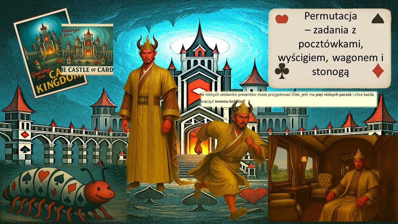 Permutacja – zadania z pocztówkami, wyścigiem, wagonem i stonogą