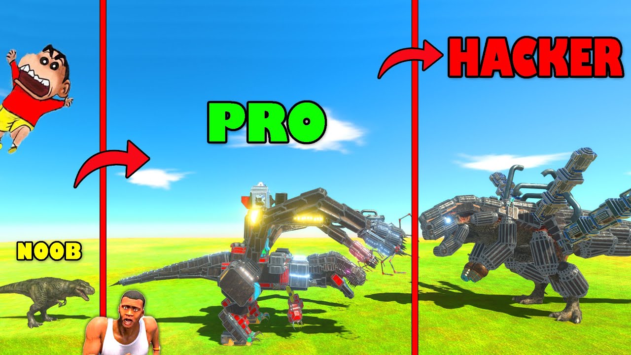 UPGRADING NOOB T-REX into HACKER MECHA T-REX in Animal Revolt Battle Simulator with SHINCHAN CHOP