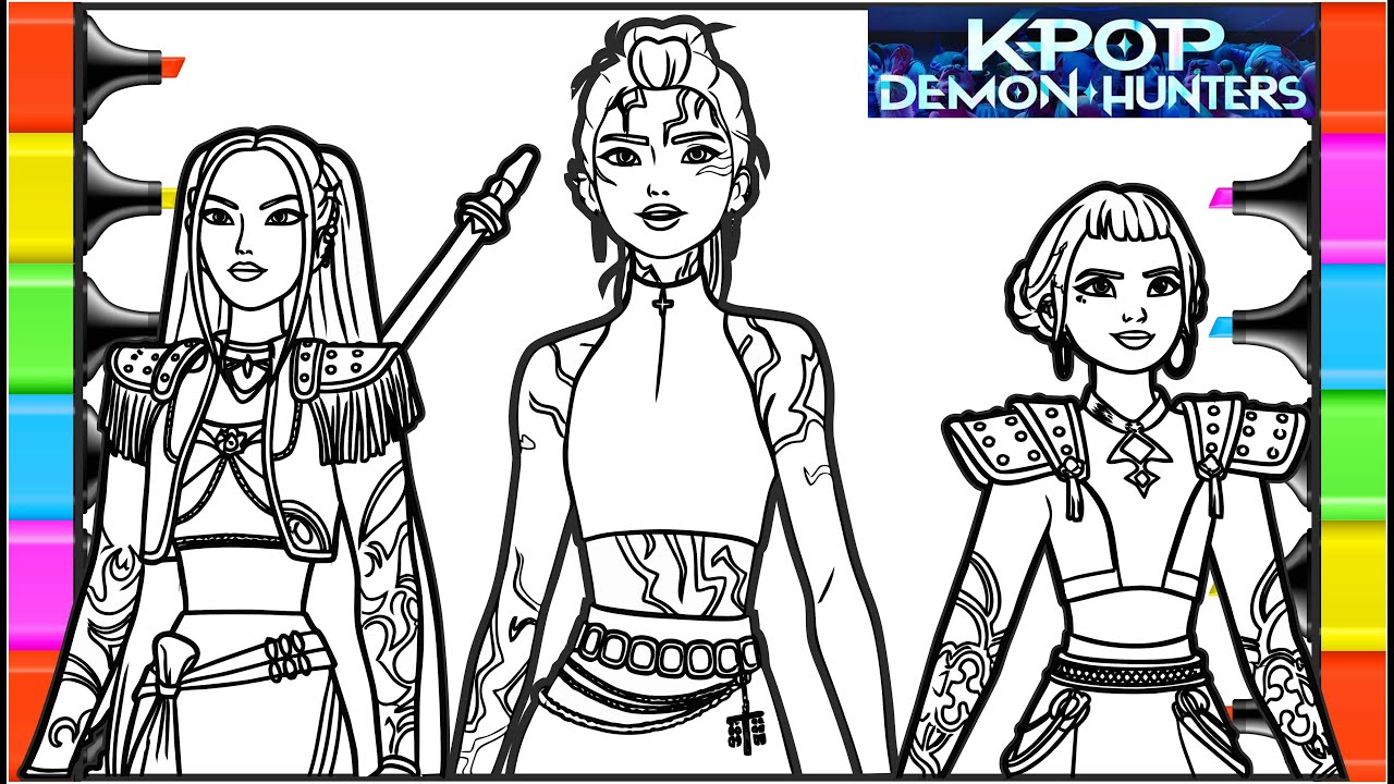 Satisfying Coloring - Rumi, Mira, Zoey characters / KPop Demon Hunters coloring page