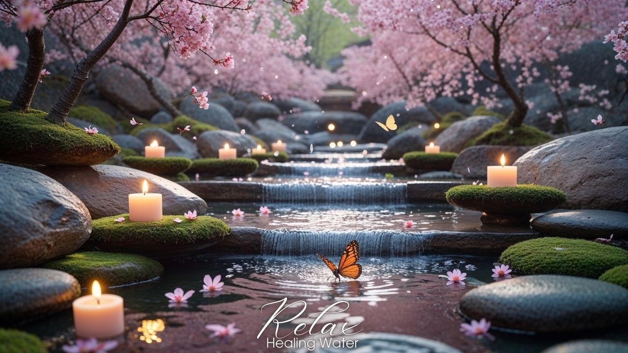 Healing Water & Soft Piano LIVE 24/7 🌸💧 | Sakura Waterfall Garden for Deep Sleep & Relaxation