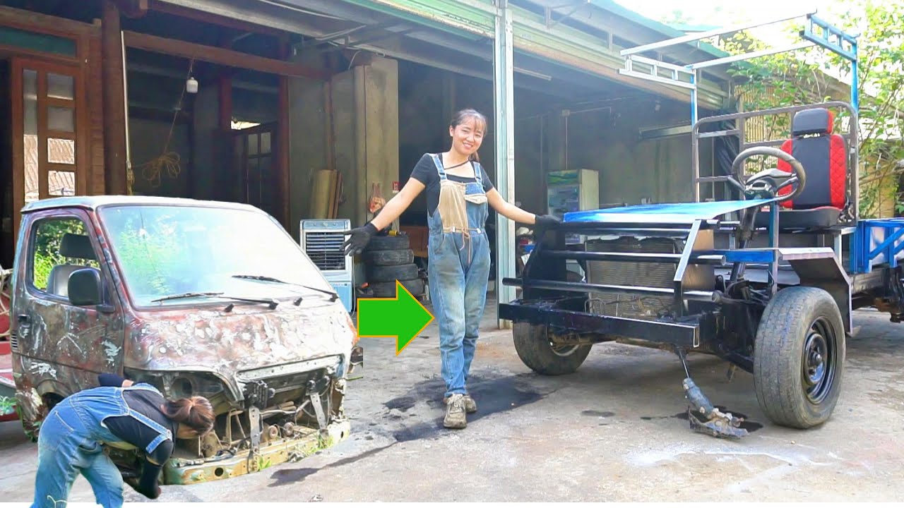 Time-lapse video Repairing and restoring a 50-year-old Toyota car into a truck. from start to finish
