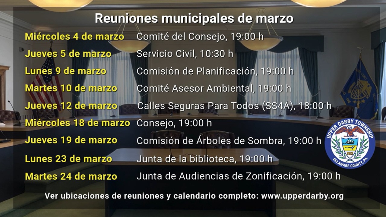 Calendario de reuniones del municipio de Upper Darby de marzo de 2026