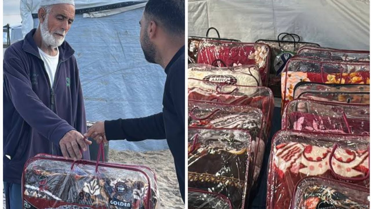 مبادرة توزيع بطاطين من جمعية الإحسان المغربيه للنازحين على شاطئ⛺️🛖 بحر المواصي🥰