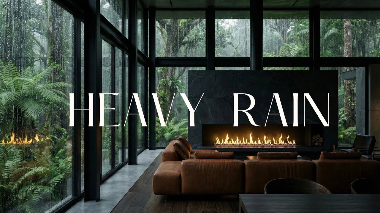 Heavy Rain on Window & Cozy Fireplace 🌧️ Dark Jungle Villa Ambience for Deep Sleep, Focus & Study