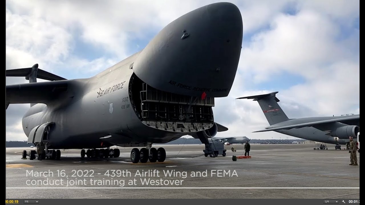 Timelapse of Westover Aerial Porters, Air Crew and FEMA practice loading vehicles on C-5M