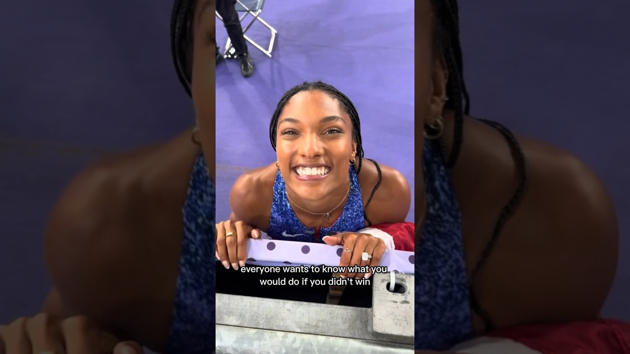 Tara Davis-Woodhall after winning gold in Women&rsquo;s Long Jump 🥇 (via @TheWoodhalls)