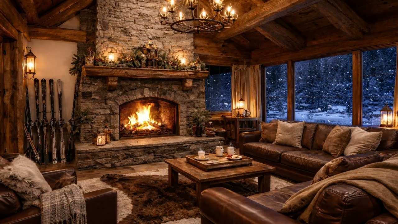 🔥 Cozy Ski Lodge Fireplace | Crackling Fire & Snowfall Ambience — 4 Hours | No Music
