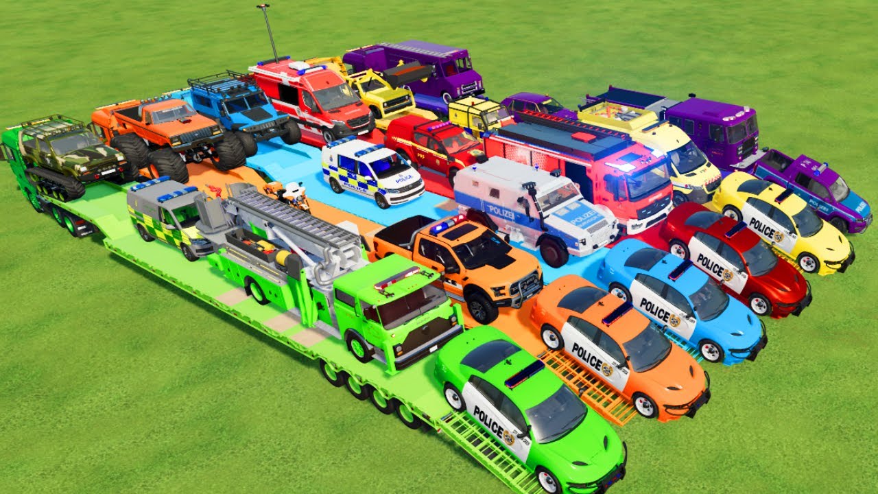 LOAD & TRANSPORT CAR, FIRE TRUCK, AMBULANCE, CARS, POLICE CARS, TRACTOR, BUS, MONSTER TRUCK - F.S.22