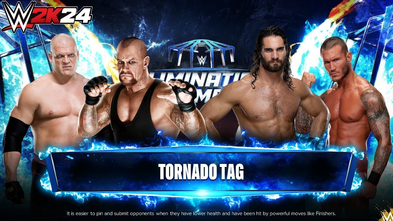 WWE 2k24 - Кейн и Андертейкер против Сета Роллинза и Рэнди Ортона: командный матч "Торнадо" на El...