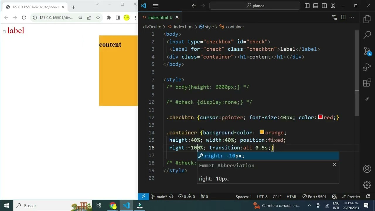 Toggleable sidebar menu hidden by default and becomes visible when a checkbox is checked. CSS HTML