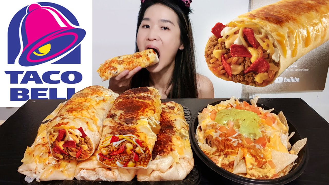 Taco Bell Double Steak Grilled Cheese Burrito! Cheesy Loaded Nachos, Chicken Burrito - Mukbang Asmr