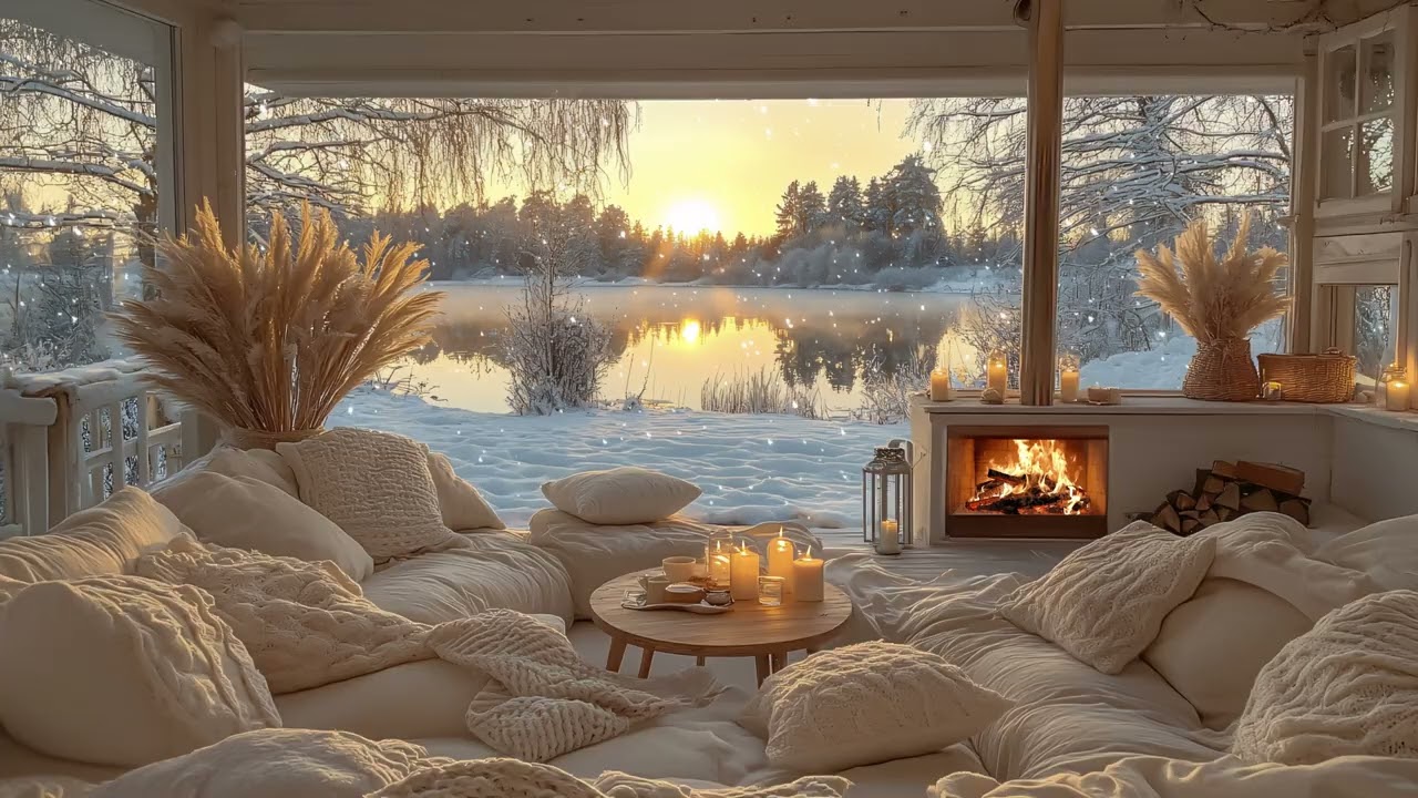 Peaceful Winter Cabin by the Lake ❄️ Gentle Piano, Warm Firelight, and Quiet Atmosphere