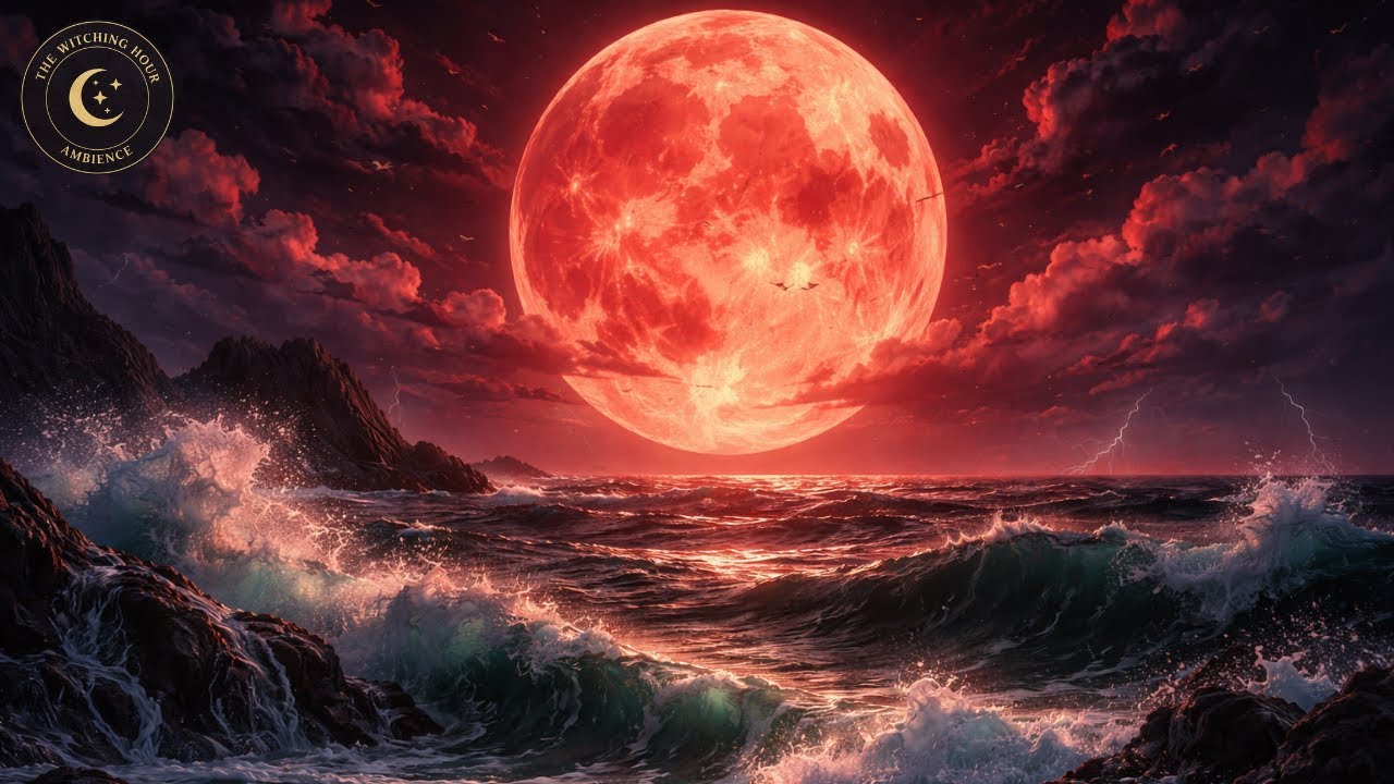 Night Ocean ASMR 🌊 Crimson Moon, Thunder for Sleep & Meditation Ambient Screen