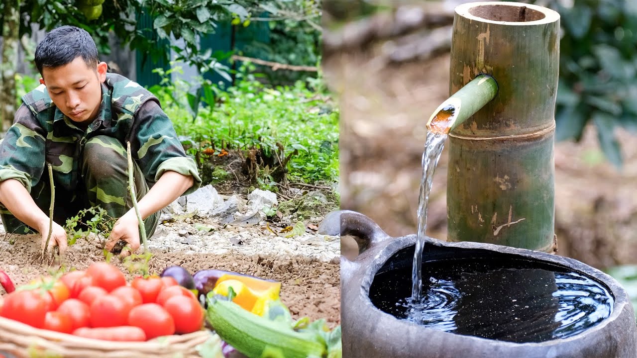 Innovating Bamboo Water Column & Planting Vegetables at Water Drain