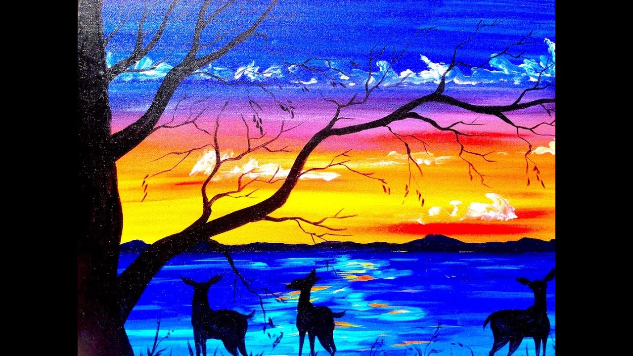 Beginners acrylic painting tutorial | Deer and Sunset Lake | Silhouette | TheArtSherpa