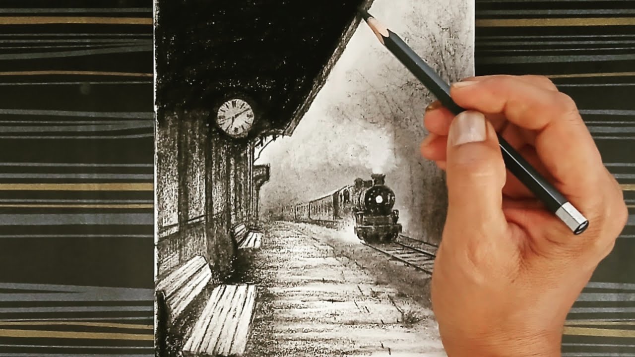 Pencil drawing landscape of old railway station with locomotive train easy.