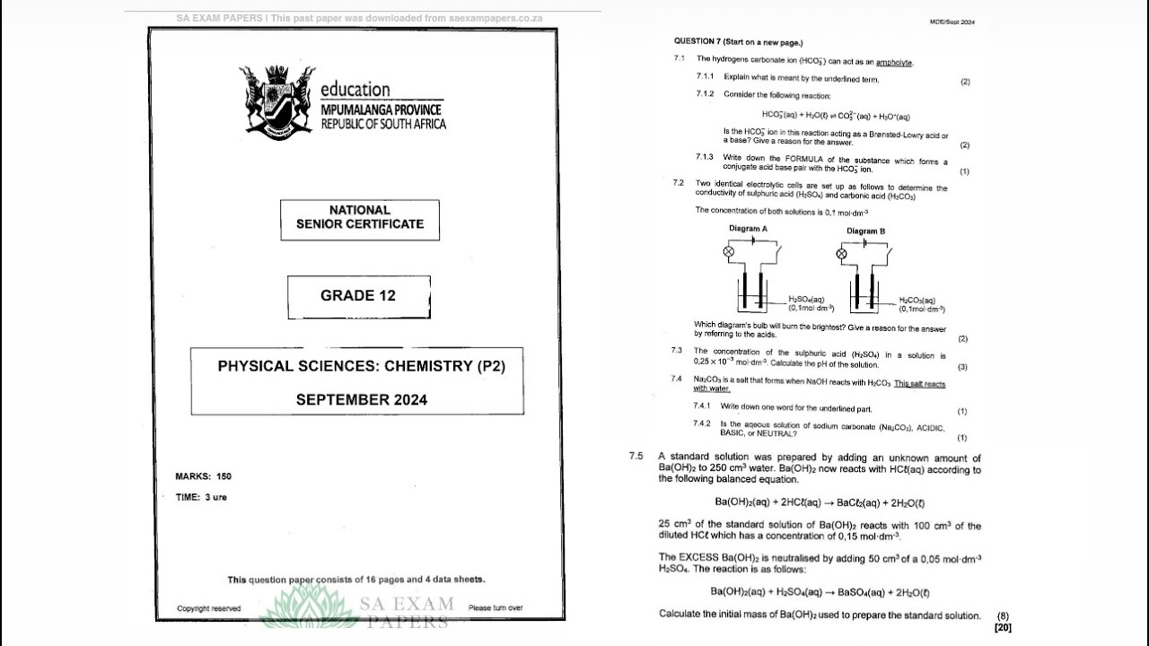 Grade 12 Acids & Bases | Mpumalanga September 2024 Question 7 memo