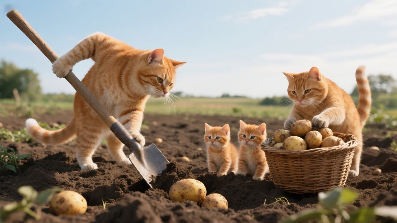 The cat family harvested potatoes and took them home to cook delicious food.#cat#cooking